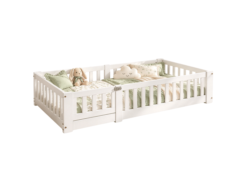 Lit montessori au sol en pin massif pour enfant, lit enfant 90x200 cm avec 30cm garde-corps de sécurité - peinture à base d’eau écologique - sommier à lattes inclus - style scandinave, lit bas pour chambre d’enfant - Conforama A