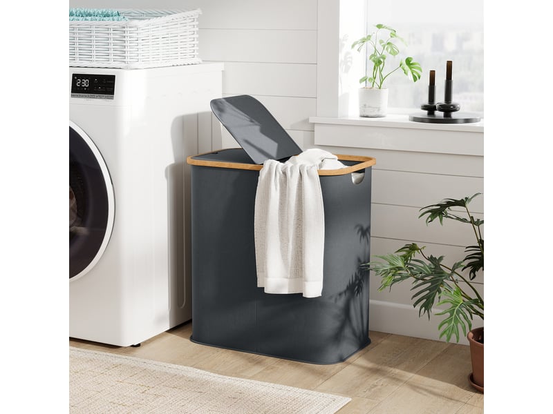  Panier à linge double pliable 80 l corbeille à linge sale avec couvercle, gris, poignées rainurées  - Conforama W