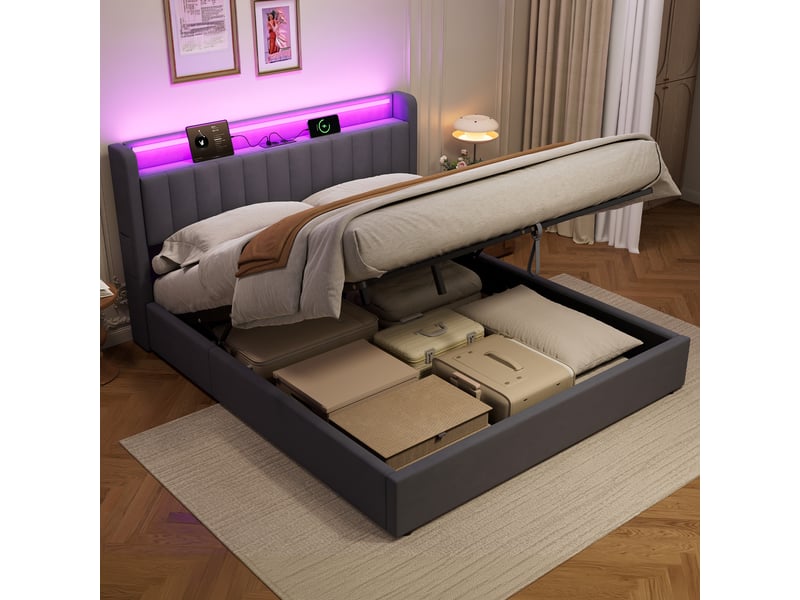  Lit rembourré ulevr 180 x 200 cm avec rangement intégré, port usb et éclairage d’ambiance, velours gris foncé  - Conforama B