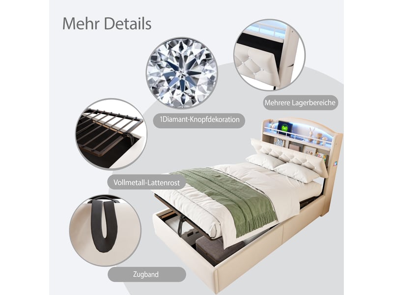  Lit simple rembourré pour enfant 90x200 cm avec coffre hydraulique, rangement en tête de lit, led multicolore, usb et type-c, tissu, métal, beige Morn Vibe - Conforama E