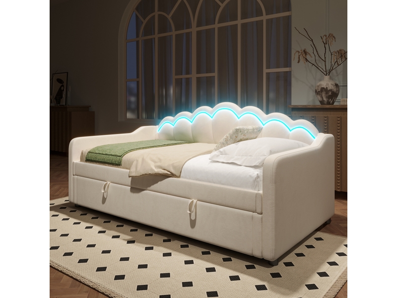  Lit coffre enfant 90x200cm avec éclairage led multicolore, design ondulé, velours, beige, sans matelas  - Conforama B