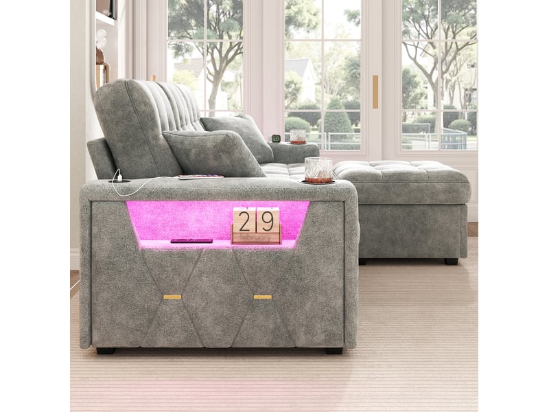  Canapé 3 places 194,5x133x83 cm avec rangement, usb-c, led, tiroirs à roulettes, pouf de rangement, chenille gris  - Conforama E