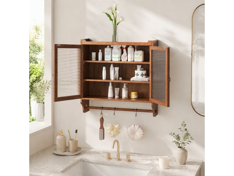  Armoire murale avec 2 portes vitrées et 3 étagères amovibles, porte-serviettes pour salle de bain, 63 × 60 × 18 cm  - Conforama C