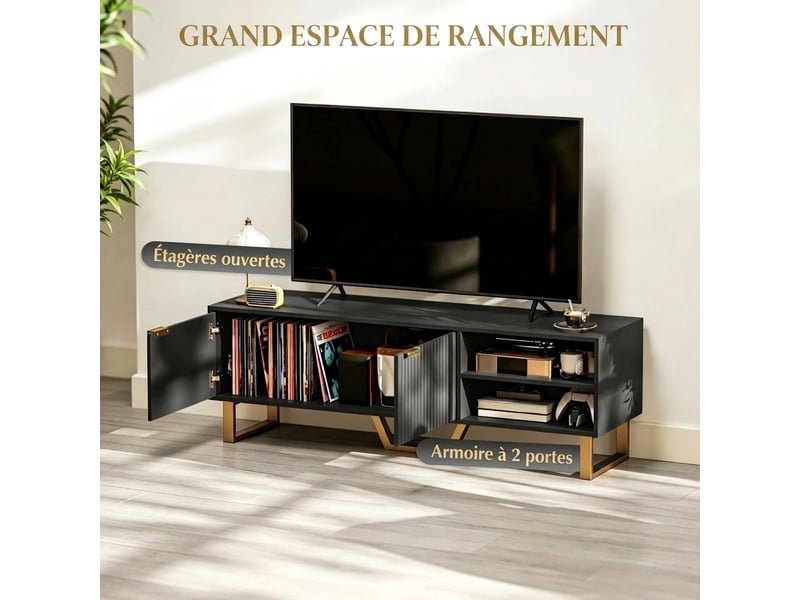  Meuble tv noir 140 cm avec 2 portes nervurées et rangement multimédia, pour tv jusqu'à 70 pouces  - Conforama E