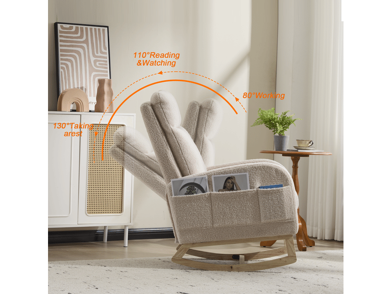 Fauteuil à bascule avec repose-pieds dépliable, dossier haut ergonomique et poche latérale en tissu teddy beige - Conforama D