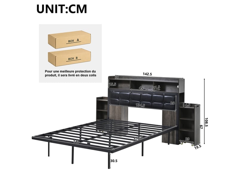  Lit double 140 x 190 cm avec sommier à lattes, led et recharge usbusb-c gris  - Conforama E