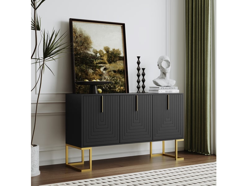  Buffet bas 3 portes noir avec étagères réglables, poignées et base en métal, 138 x 40 x 80,5 cm  - Conforama C