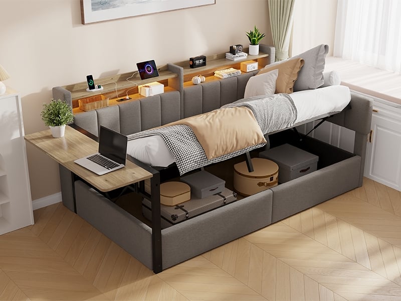  Lit coffre 90x200cm, avec éclairage led intégré, table pliante, tables de chevet interchangeables, port usb, velours gris  - Conforama B
