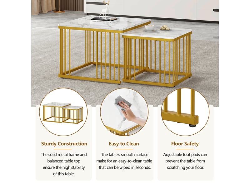  Tables basses gigognes carrées, lot de 2 avec pieds réglables, effet marbre brillant pour salon, en mdf blanc  - Conforama E