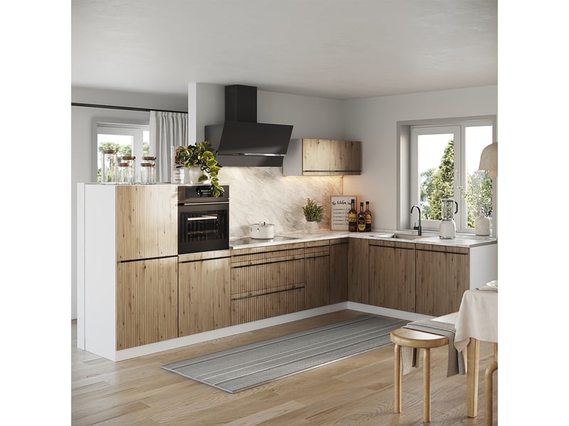 Vicco cuisine en angle, chêne artisanblanc, 347 x cm plan de travail marbre - Conforama C