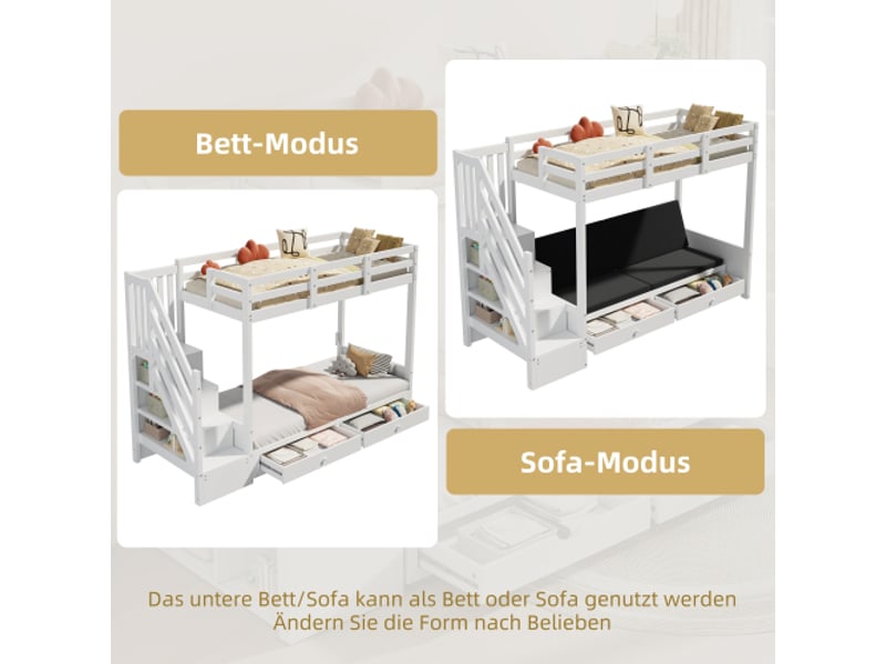  Lit superposé enfant, 90×200 cm, multifonction, escalier avec rangement + 2 tiroirs, niveau inférieur convertible en lit ou canapé avec coussins, blanc, sans matelas  - Conforama E