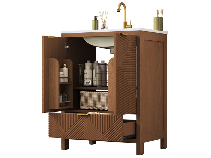 Meuble sous vasque sur pied 61 x 47 cm – noyer – vasque céramique, rangement avec tiroir et portes soft-close - Conforama A