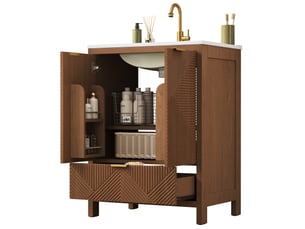 Meuble sous vasque sur pied 61 x 47 cm – noyer – vasque céramique, rangement avec tiroir et portes soft-close