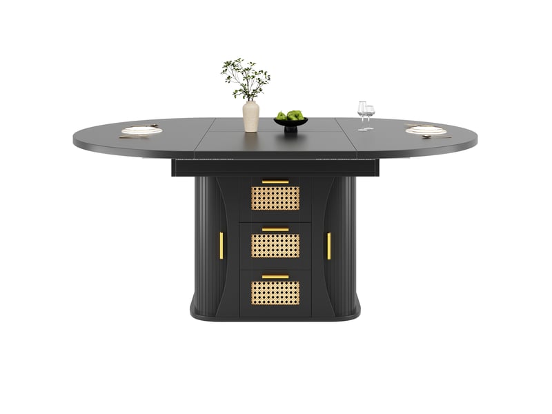  Table de salle à manger extensible 118-158x118x77,1 cm avec rangement intégré, tiroirs rotin et finition bois, mdf, noir Sol Morn - Conforama A