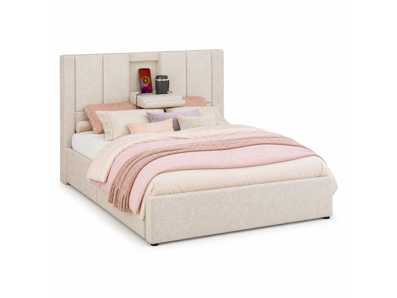  Lit coffre en lin beige, lit simple avec levage hydraulique, 3 ports usb et porte-gobelet, 90x200 cm, sans matelas  - Conforama A