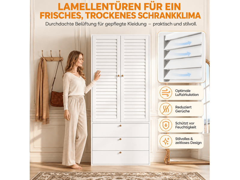 Armoire 2 portes à lamelles avec penderie et 3 tiroirs pour chambre, en panneaux de particules blanc, 90 × 50 × 200 cm - Conforama E