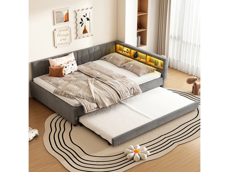  Lit en lin avec compartiments et éclairage led gris 145x210 cm  - Conforama E