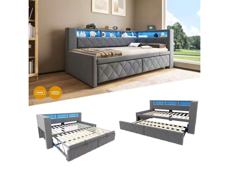 Canapé-lit 90 × 200 cm 180 × 200 cm – avec lit gigogne – éclairage led inclus – prise électrique incluse – revêtement en lin – gris (matelas non inclus) - Conforama E