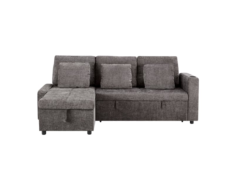 Canapé droit 3 places pliable, canapé lit convertible en chenille avec coffre de rangement, étagère accoudoir, porte-gobelets, canapé moderne - Conforama A