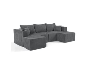 Canapé d’angle modulable 3 places modenvie en l velours côtelé gris avec ottomanes mobiles