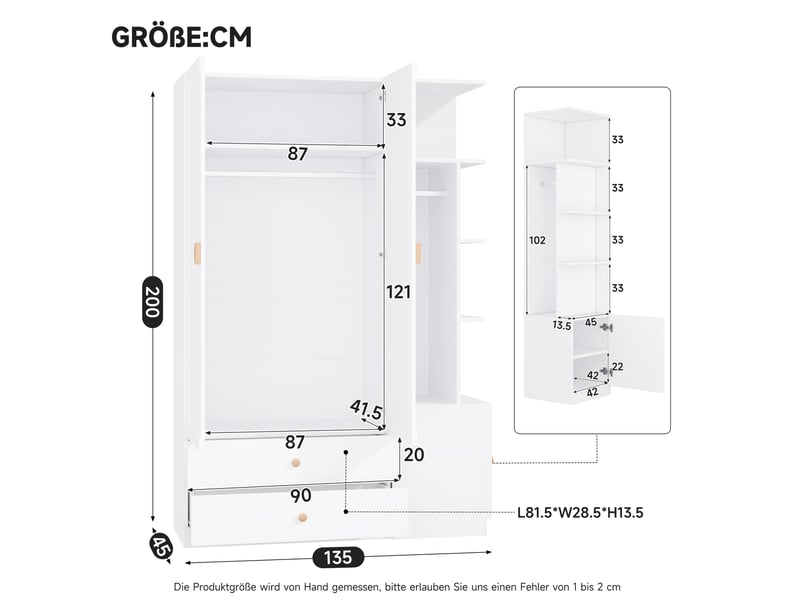  Armoire 135x45x200 cm avec 2 penderies et 2 tiroirs coloris blanc  - Conforama C