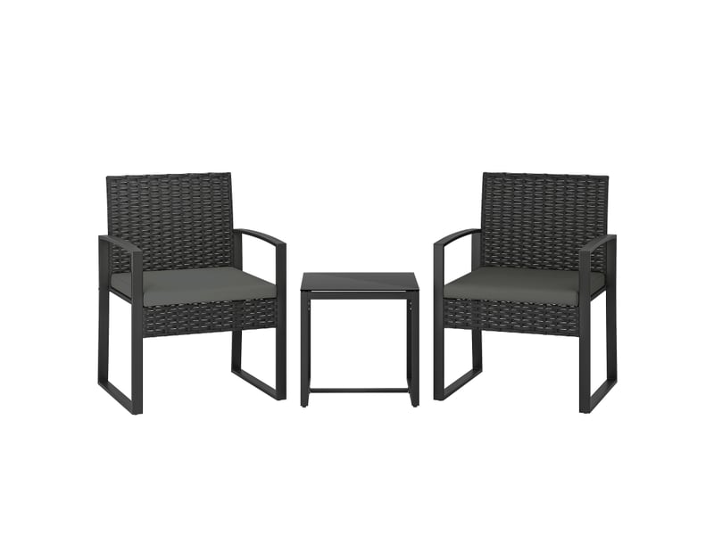  Ensemble table et chaise de jardin avec 2 fauteuils, 1 table basse et coussins, résine tressée, acier, gris foncé  - Conforama A