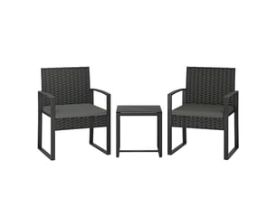 Ensemble table et chaise de jardin avec 2 fauteuils, 1 table basse et coussins, résine tressée, acier, gris foncé