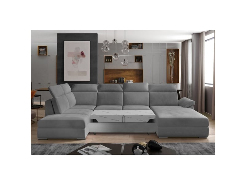 Canapé panoramique convertible majesta 5 places gris – angle droit avec coffre - Conforama D