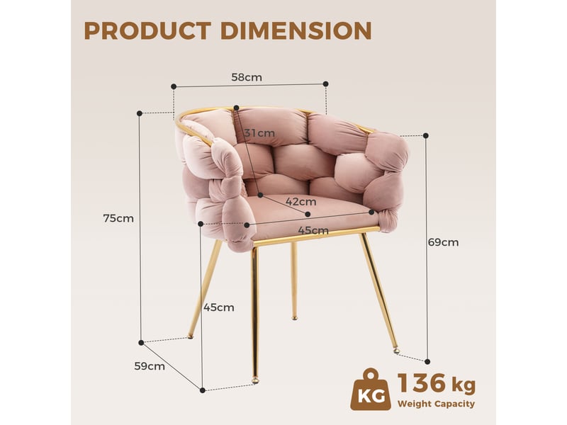  Fauteuil d'appoint 58x59x75 cm en velours rose avec structure métal doré  - Conforama C