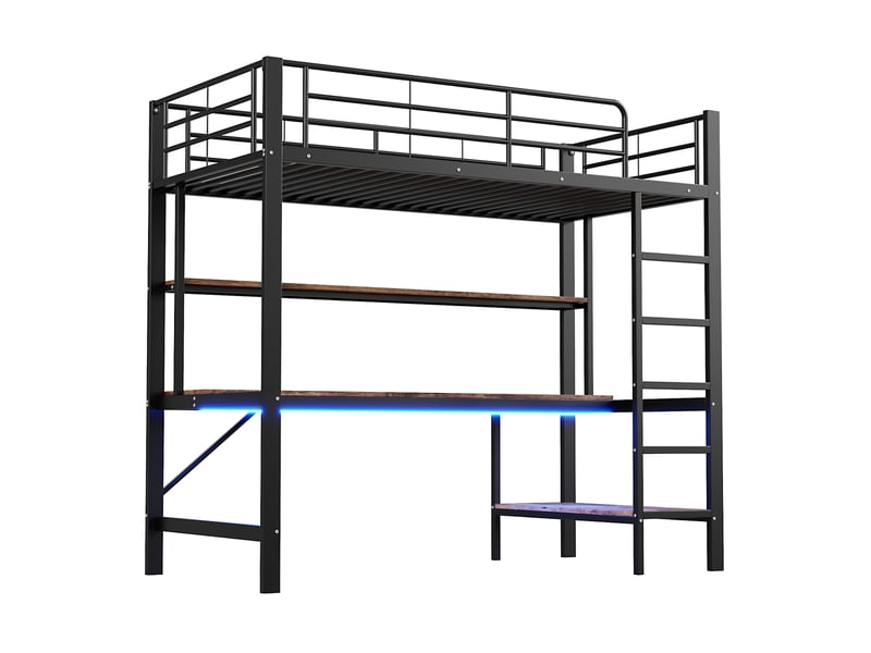  Lit mezzanine noir 90x200 cm avec bureau, led, usb, prise et étagères  - Conforama D