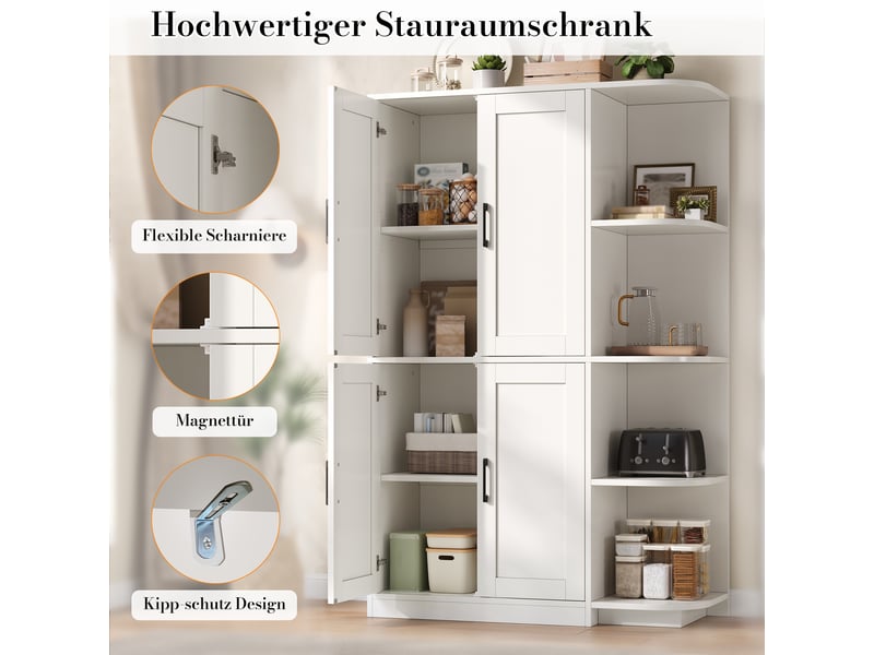  Buffet de cuisine grand volume 103x40x163 cm, meuble haut blanc 4 portes et 4 rangements ouverts, idéal stockage vaisselle et décoration, mdf  - Conforama R
