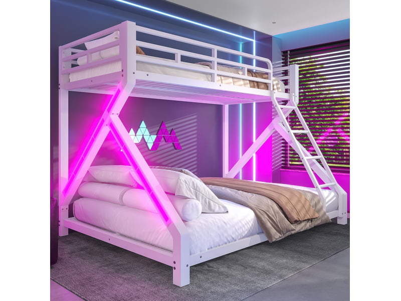  Lit superposé 90x200+140x200, métal renforcé, led intégrée, garde-corps, échelle, montage simple, blanc sans matelas  - Conforama B