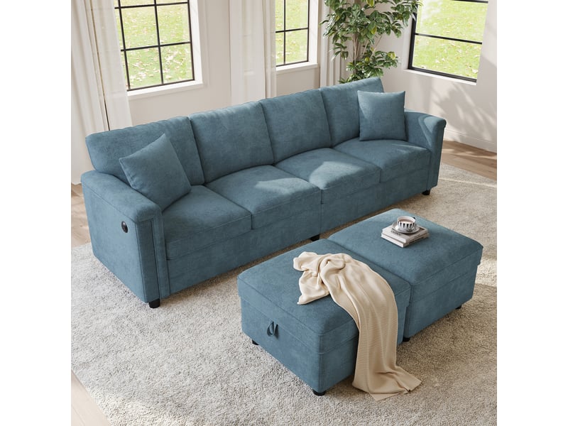 Canapé modulable d'angle en l ou u,261x134x82cm,canapé 6 places en tissu chenille,2 poufs de rangement, ports usb et type-c,bleu - Conforama E