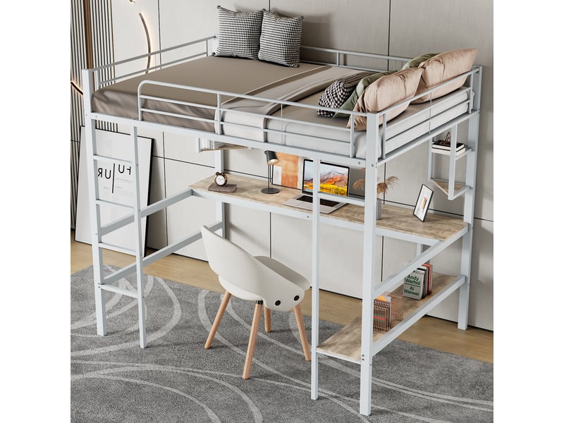  Lit mezzanine 90x200 cm avec étagères, structure acier, sommier, protection, métal + mdf, blanc, sans matelas  - Conforama R