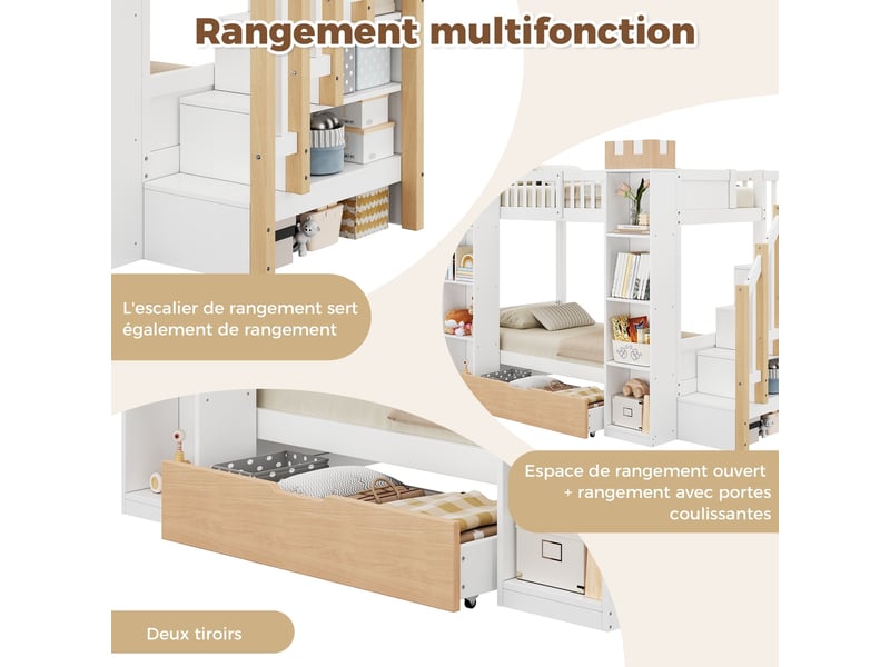  Lit superposé pour enfant en bois, 90 x 200 cm, avec tiroir, barrière de sécurité et escalier de rangement, blanc et bois naturel  - Conforama E