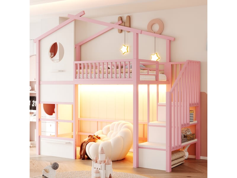Lit mezzanine 90 x 200 cm - avec éclairage led - avec escalier - rose (matelas non inclus) - Conforama D