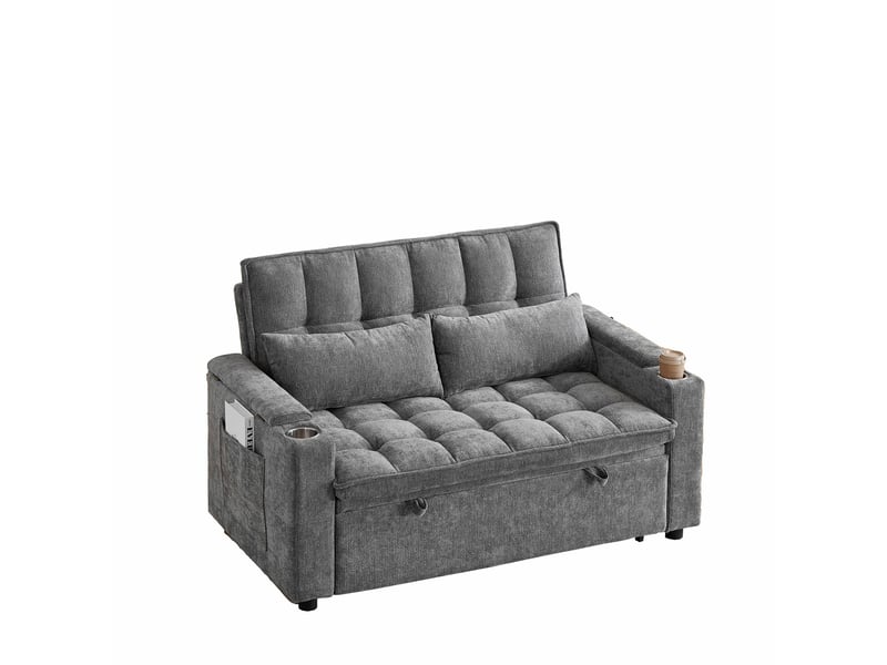 Canapé-lit convertible 2 places 3-en-1 142 × 89 × 89 cm en chenille, rangements, poches et 2 porte-gobelets, gris - Conforama A