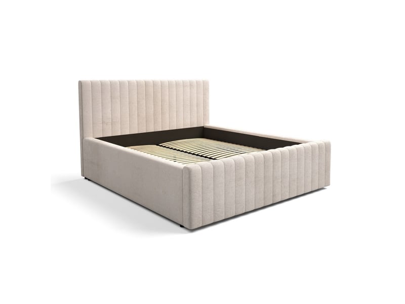  Lit coffre eloria 180x200 en tissu bouclé beige avec tête de lit capitonnée et sommier inclus  - Conforama C