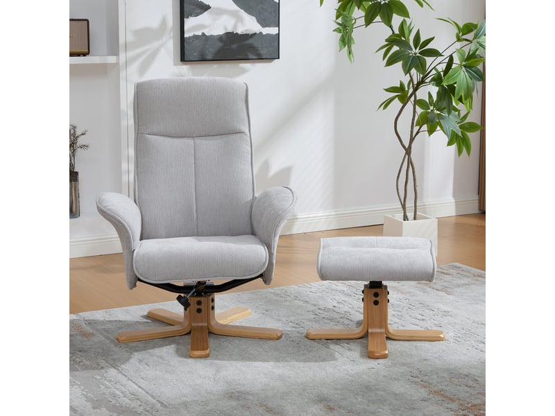  Fauteuil relax pivotant gris en tissu chenille, dossier inclinable à 145°, repose-pieds, pour salon et lecture  - Conforama B
