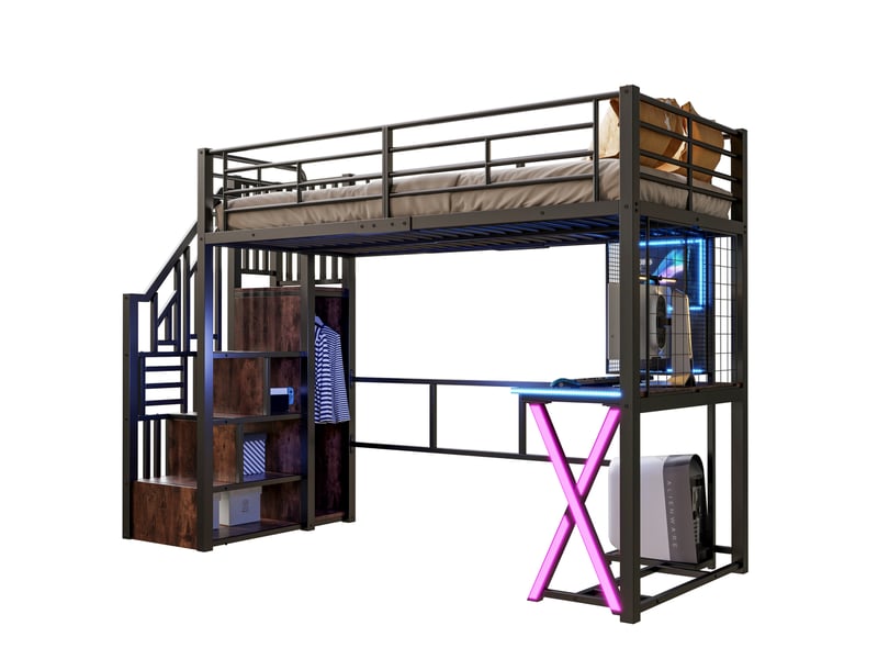  Lit mezzanine 90x200 cm avec bureau, armoire, rangements et led noir  - Conforama A