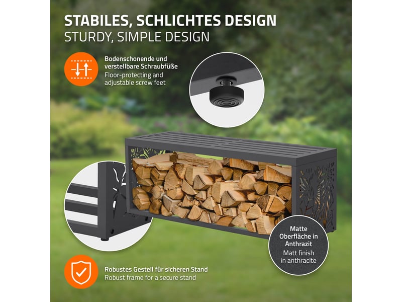  Ml-design range-bûches pour intérieur et extérieur avec banc, acier galvanisé, conception 2-en-1 motif feuilles, rangement bois de chauffage, support d'empilage résistant aux intempéries, 120x38x43 cm ECD Germany GmbH - Conforama C