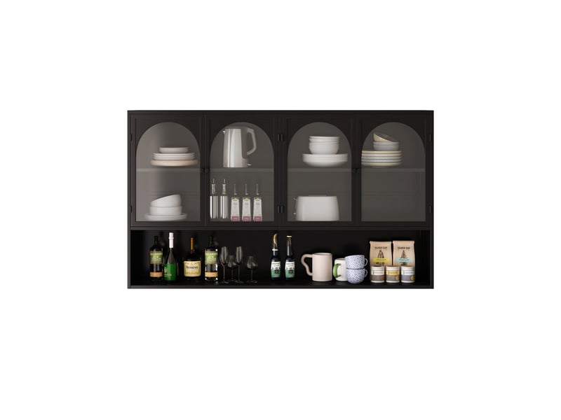  Armoire murale modèle glass 120 cm, noir, 4 portes vitrées, rangement cuisine salon salle de bain  - Conforama B