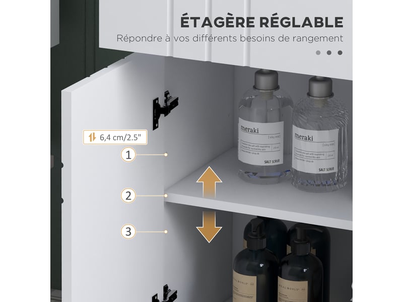  Meuble de rangement pour salle de bain sur pied placard 2 portes 1 tiroir, blanc laqué, étagère régable  - Conforama E