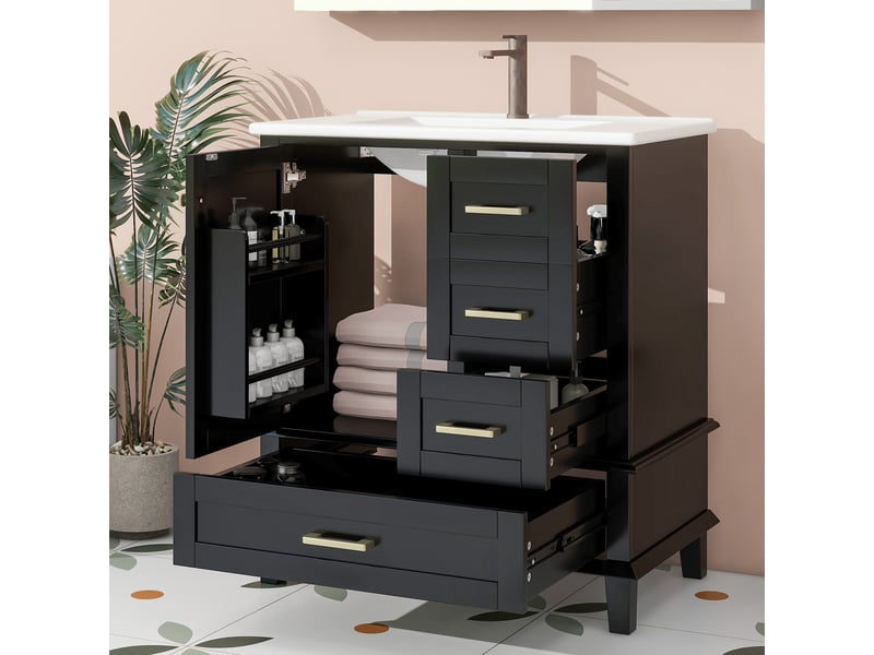  Meuble vasque sur pied noir, 76 x 45,5 x 83,5 cm, en mdf et céramique, avec 3 tiroirs à coulisses silencieuses  - Conforama C