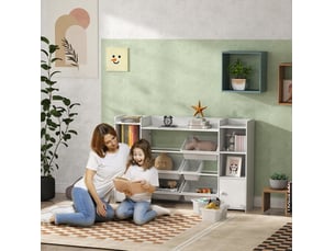 Meuble de rangement enfant 140 x 30 x 90 cm blanc en mdf et métal, 8 bacs amovibles pour jouets