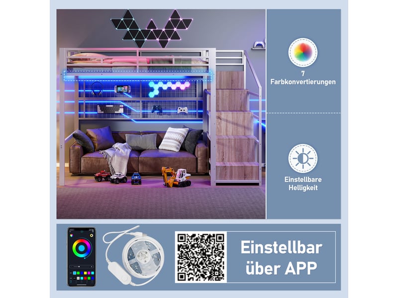 Lit mezzanine enfant 140x200 cm, led, rangement, grille suspendue, sommier, métal blanc, sans matelas - Conforama D