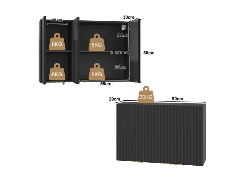  Armoire mural de cuisine 90x29x60 cm noir en mdf avec 3 portes  - Conforama C