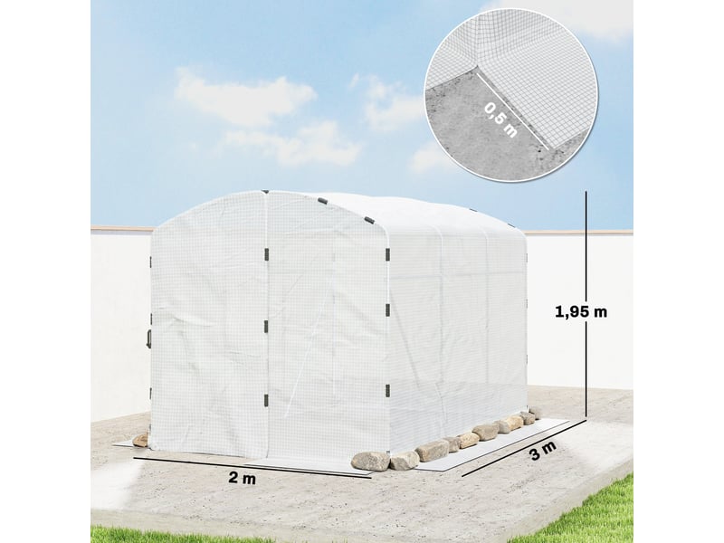  Serre tunnel de jardin 6m², serre de jardin tunnel 300x200x195cm bâche pe 220gm² bords prolongés 50 cm avec porte blanc  - Conforama E
