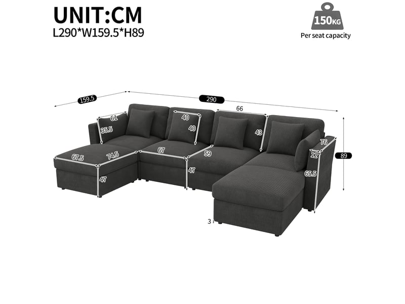  Canapé d’angle modulable en u 4-6 places 290 cm avec 2 poufs, accoudoirs réglables, tissu côtelé, gris  - Conforama C