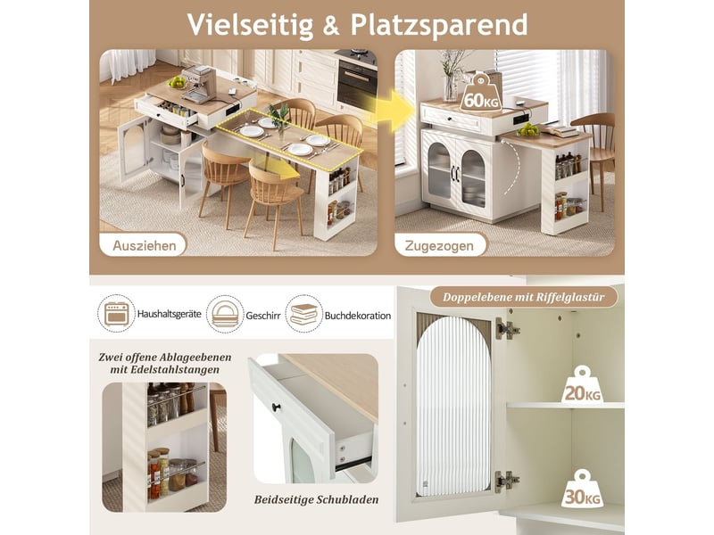 Îlot de cuisine buffet de cuisine à éclairage led roulettes mobiles table à manger extensible blocs multiprises intégrés fonction table haute usage polyvalent finition blanche - Conforama C